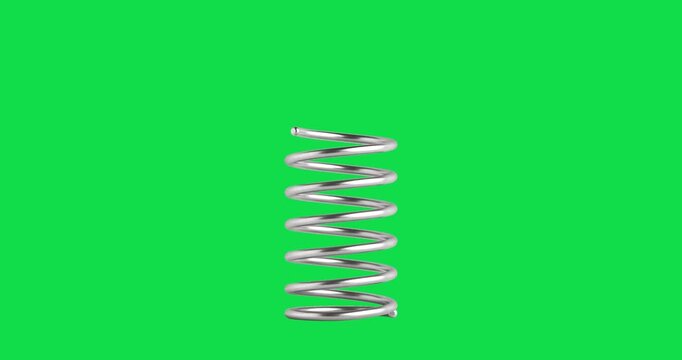 4k Resolution Video: Mechanical Motion Concept. Metal Spring Compression And Release Animation With Silver Coil, Elastic Movement On Green Screen Chroma Key Background With Alpha Matte