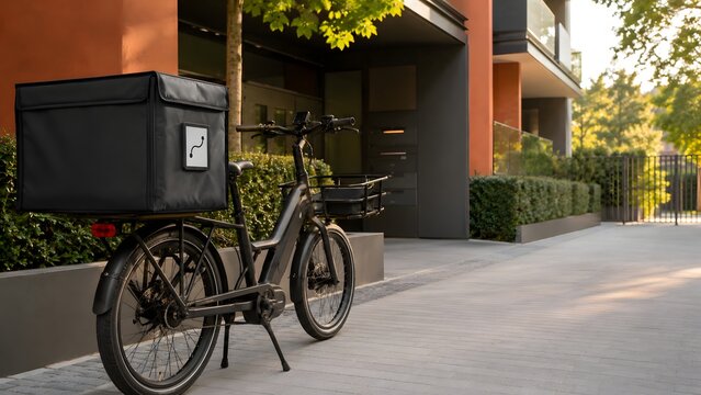 Electric Delivery Bicycle with Thermal Cargo Bag Outside Modern Apartment