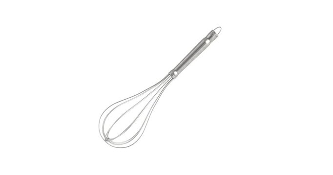 4k Resolution Video: Cooking, Baking, Food Preparation, Mixing And Kitchen Utensil Concept. Stainless Steel Balloon Whisk Seamless Loop Animated On White Background With Alpha Matte