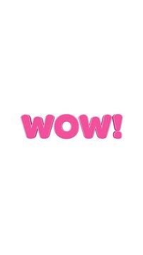 4k Resolution Vertical Video for Social Media: Surprise And Excitement Concept. Glossy Pink Wow Text With Exclamation Mark And Rounded Bold Letters Animated On White  Background With Alpha Matte