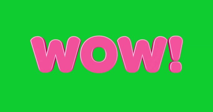 4k Resolution Video: Surprise And Excitement Concept. Glossy Pink Wow Text With Exclamation Mark And Rounded Bold Letters Animated On Green Screen Chroma Key Background With Alpha Matte