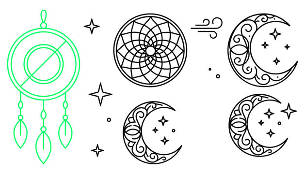 Mystical dreamcatcher line art vector icon set featuring crescent moon stars mandala and esoteric boho style elements