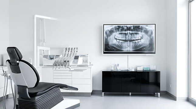 Modern dental office interior with black chair and panoramic x-ray on screen