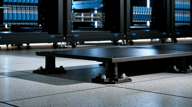 Seismic server rack anchoring system secured beneath raised access flooring in bright enterprise data center resilient infrastructure concept engineering technology indoor