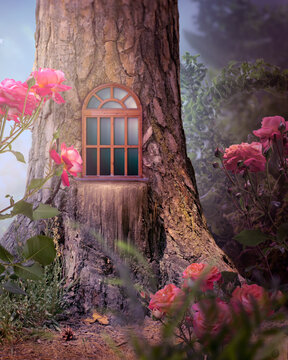 Whimsical fantasy elf or gnome house in pine tree with window frame, whimsy enchanted fairy tale forest with fabulous fairytale blooming roses flower garden in misty night, mystical nature landscape.