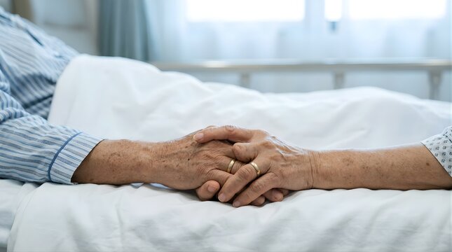Senior couple holding hands in hospital bed for comfort and support
