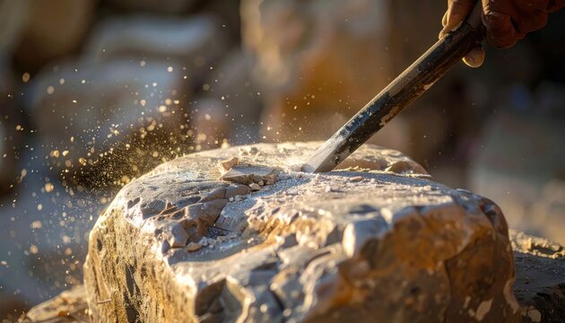 Skilled Stone Carver Working with Chisel and Hammer, Creating Dust and Shards in Sunlight