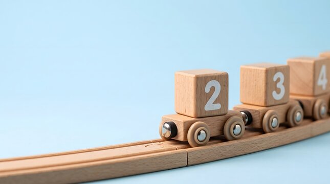 Wooden toy train blocks with numbers on a track against a blue background.