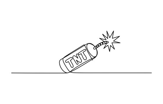 Dynamite stick with tnt label and burning fuse, single line drawing Vector, illustration