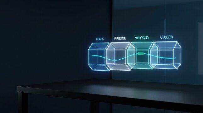 Sales pipeline stages progress with glowing cubes and chart line