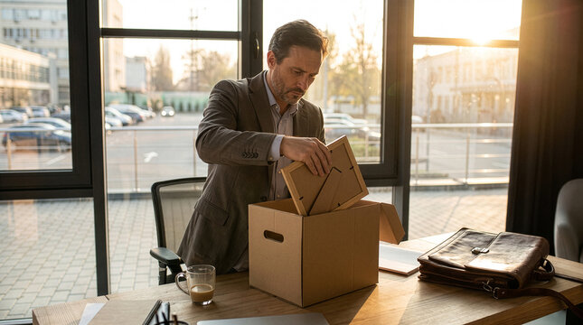 Reflective Businessman Packing Up Office Desk on Last Day of Work