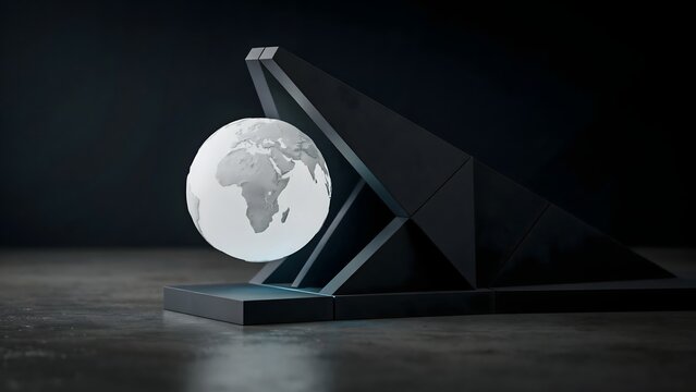 Glowing white globe emerging from dark geometric prism &ndash; Ideal for security concepts, peace initiatives, or executive technology branding.