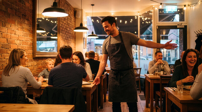 Welcoming Restaurant Host Guiding Guests to Dining Table