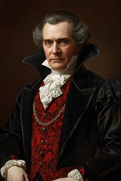 Portrait of a mature man in a historical 19th-century velvet coat and ruffled cravat with old fashioned portrait historical aristocrat gentleman victorian clothing heritage nobility character