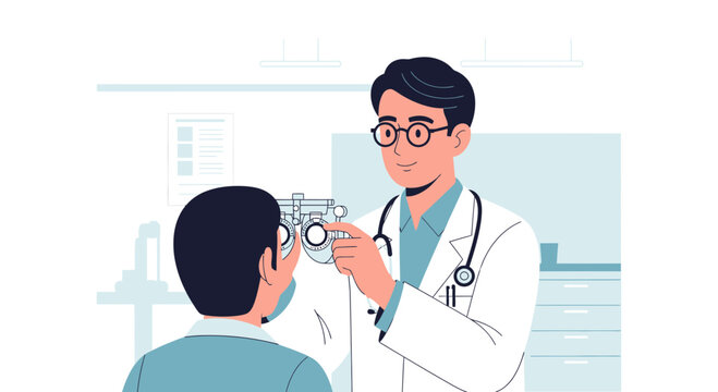 Optometrist examining patient's eyes with phoropter, eye exam illustration