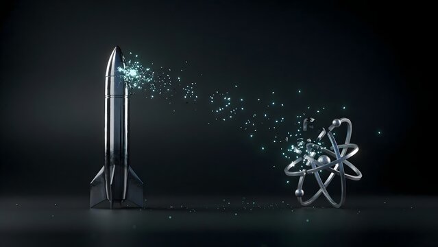 Metallic object dissolving into glowing particles in studio &ndash; Perfect for nuclear disarmament themes, technology transformation, or security concepts.