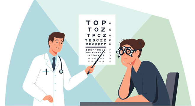 Optometrist examining patient's vision with eye chart and phoropter
