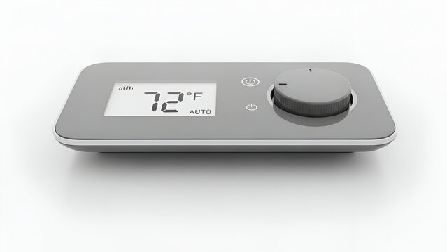Smart home thermostat with digital display showing 72 degrees fahrenheit auto mode for climate control.