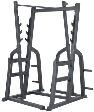 Industrial steel squat rack gym equipment.