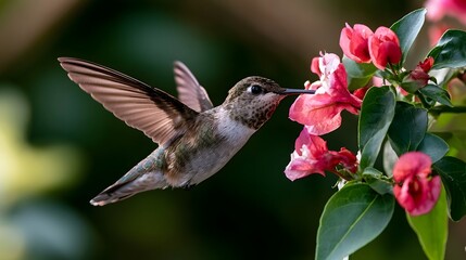 Fototapeta premium A hummingbird hovers gracefully near vibrant pink flowers its wings blurred by rapid motion as it feeds on nectar
