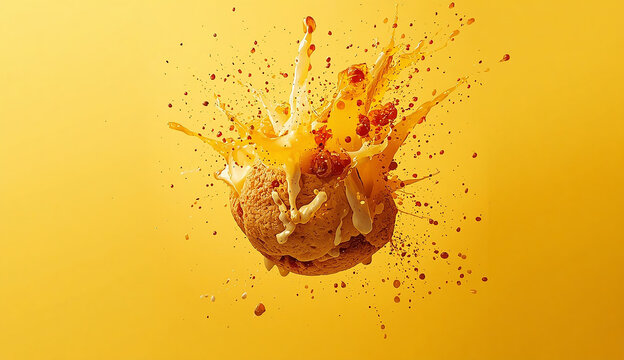 A colorful doughnut surrounded by a splash of water, set against a bright yellow background, creating a lively visual effect.