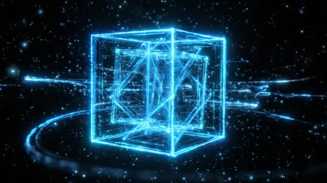 Tesseract 4D hypercube animation visualization of mathematics cube glowing in dark cyber space