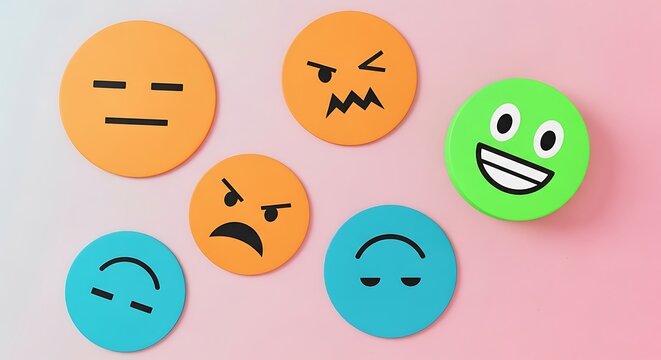 Colorful emoji face icons on round paper circles, diverse emotional expressions and mood symbols, mental health and feedback concept