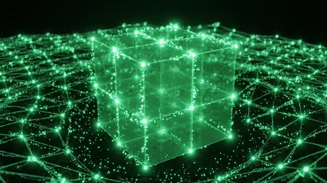 Green tesseract and 4D hypercube animation visualization of mathematics cube in digital network grid