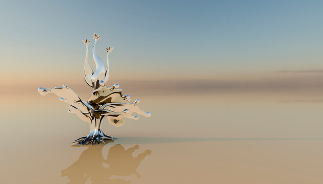 A metallic liquid splash forms an abstract sculpture on a smooth