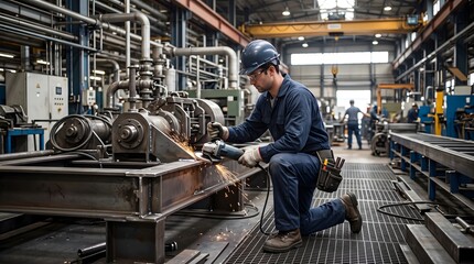 Fototapeta premium Industrial worker wearing protective gear and helmet welding metal machinery inside large manufacturing plant workshop with industrial, machinery