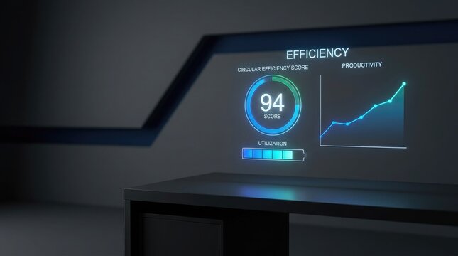 Circular efficiency score dashboard with high productivity chart