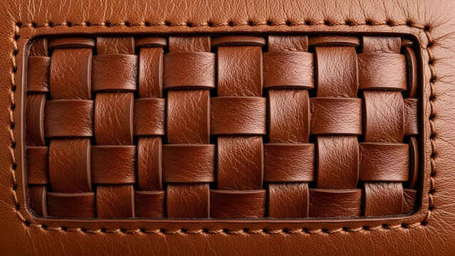 Intricate woven brown leather texture featuring detailed craftsmanship and elegant stitches in a rich warm tone