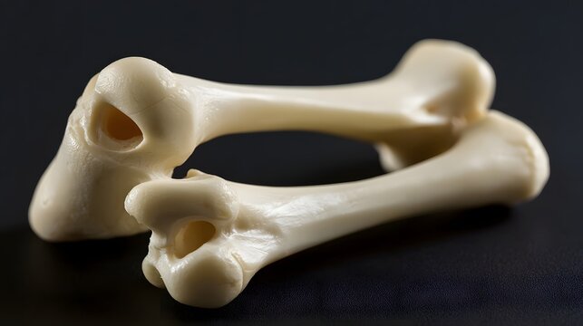 Two bone specimens lie crossed on dark surface  showing jointed ends and porous texture under soft lighting