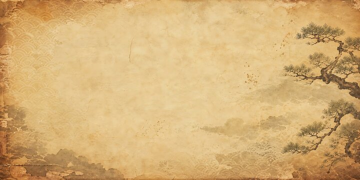 Vintage parchment texture with aged edges and faint tree silhouette in warm sepia tones on a textured background