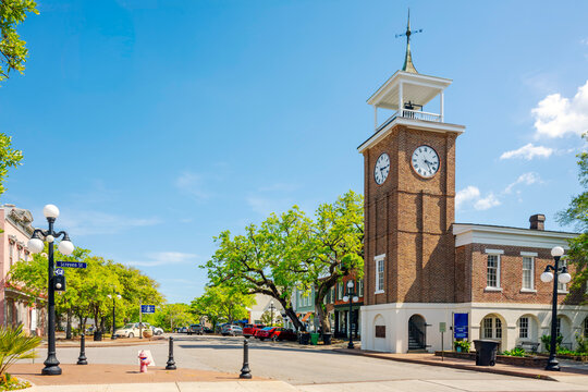 The historic Old Market Building and Town Clock in downtown Georgetown, South Carolina, located at the intersection of Front and Screven streets.