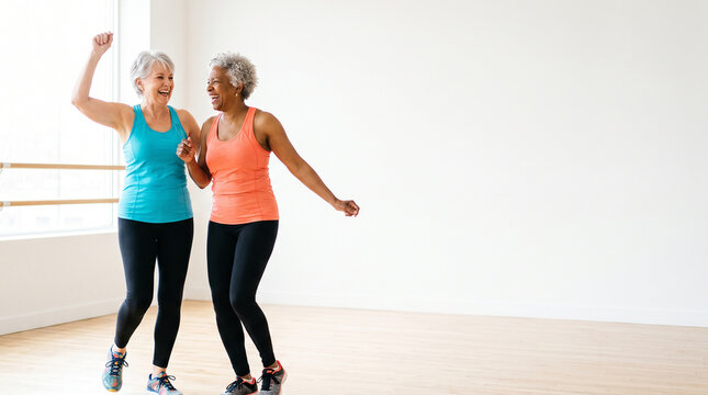 Senior women dancing together during active aging fitness and joyful social activity