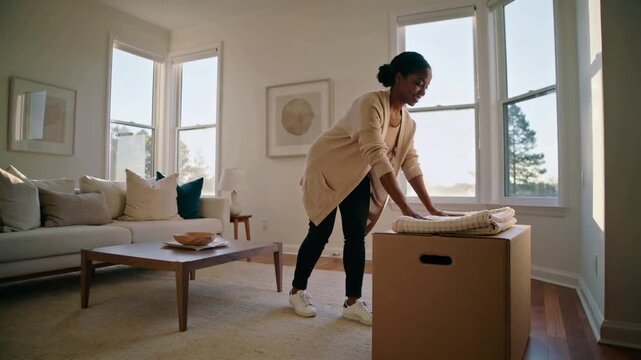 Standing woman in cardigan and tank flattening linens on moving box tidying living room, copy space