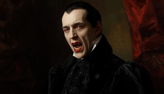 Traditional vampire portrait showing bloody fangs and intense expression in dark interior with expression portrait character historical victorian traditional clothing theatrical mythology