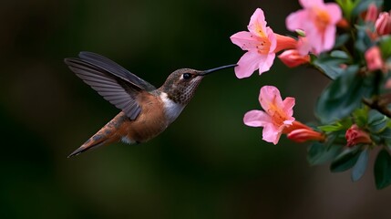 Fototapeta premium A hummingbird hovers gracefully near pink flowers its long beak poised to sip nectar from a delicate bloom