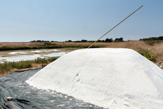 Mulon de sel gris devant les &oelig;illets de r&eacute;colte  avec ladures pour l'&eacute;gouttage, dans un marais salant. Noirmoutier