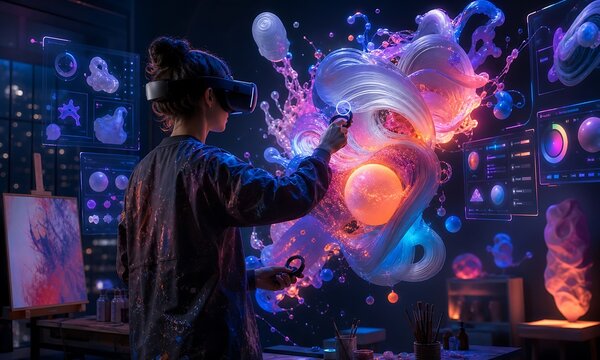 Person in a dark room interacting with vibrant digital art and cosmic shapes on a large screen