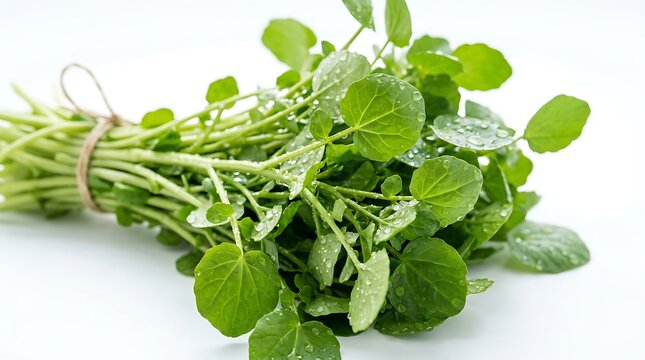 Fresh watercress bundle tied with twine on white background, vegetable