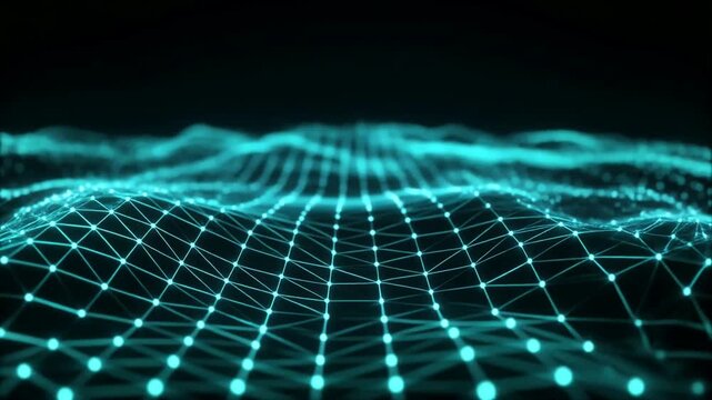 Network grid glows with luminous cyan points and smooth metallic lines across dark space.