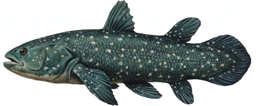 Rare coelacanth deep sea fish, ancient lineage, living fossil discovery, prehistoric marine species, evolutionary biology, ocean biodiversity, scientific research, flat vector illustration