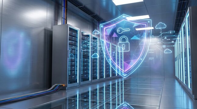 glowing digital shield with padlock inside modern server room. cloud security, data center protection, network firewall concept. information technology safety. copyspace. banner, website header.