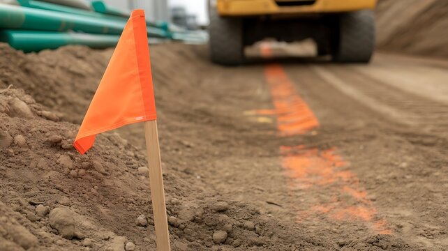 A bright orange marker flag on a construction site with a yellow heavy vehicle in the background, and orange paint, lines on the, dusty ground