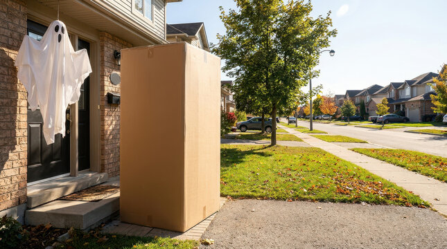 Halloween neighborhood hero scene with cardboard box and ghost decoration beside suburban home under autumn sunlight