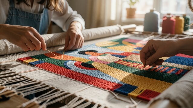 Close up of hands working on colorful punch needle embroidery project in a bright workshop.