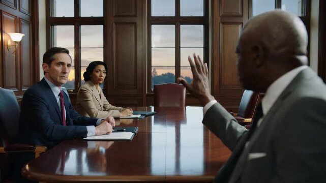Executive in dark suit raising right hand to pause negotiation at conference table, copy space