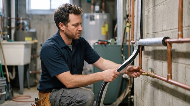 Plumber installing foam sleeve insulation around copper pipes in a utility room while working on a building plumbing system.